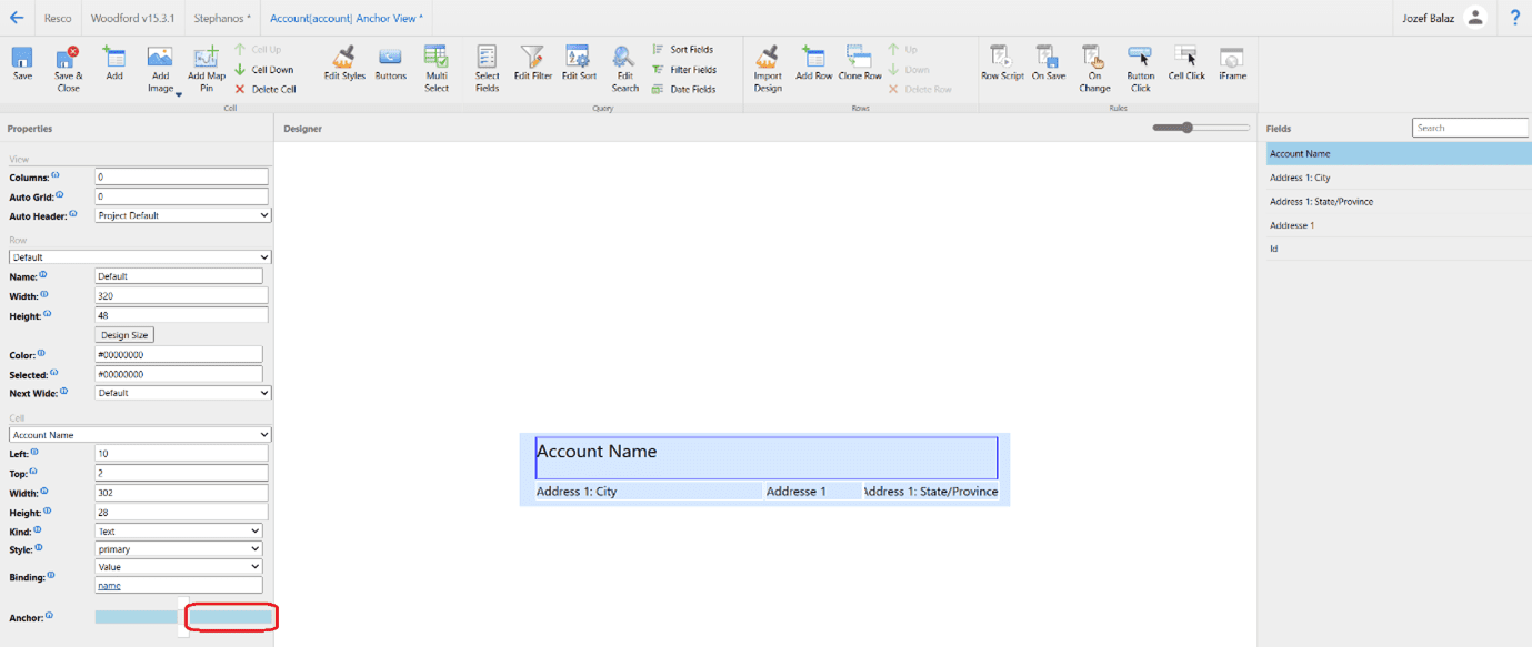 Setup screen of anchors in Resco Woodford