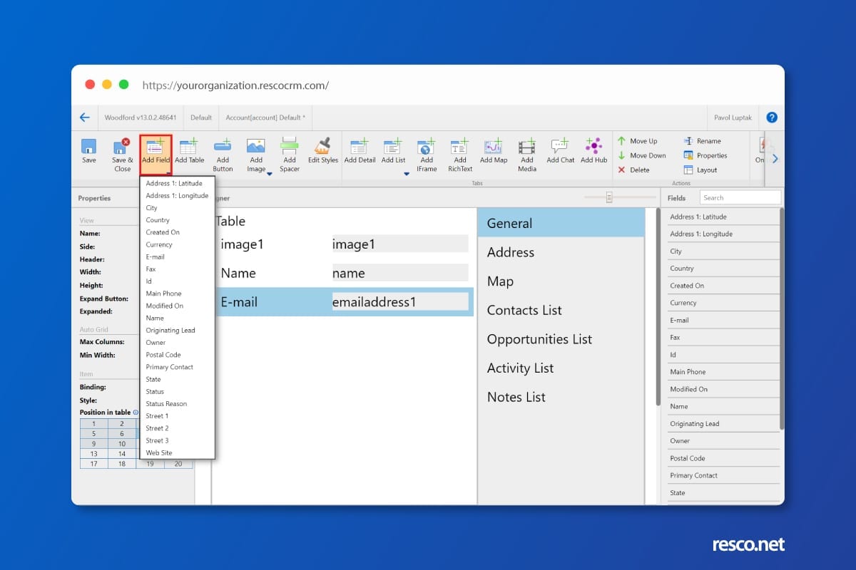 Resco Woodford Form Table designers with Add Field button highlighted