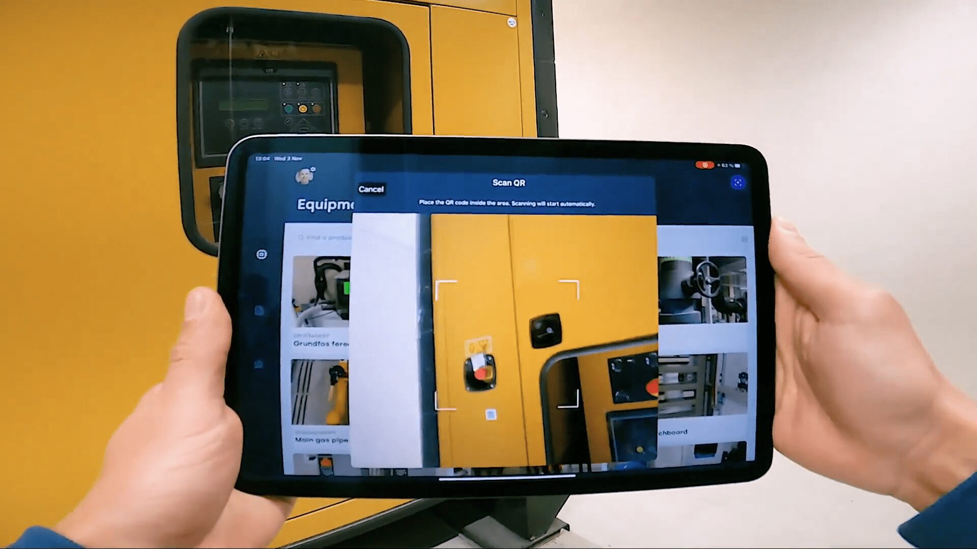 A technician scaning QR code via Resco Guides on Tablet