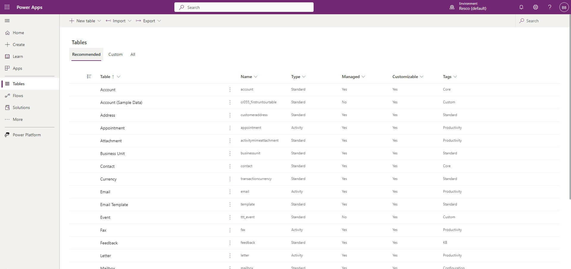 Dataverse tables