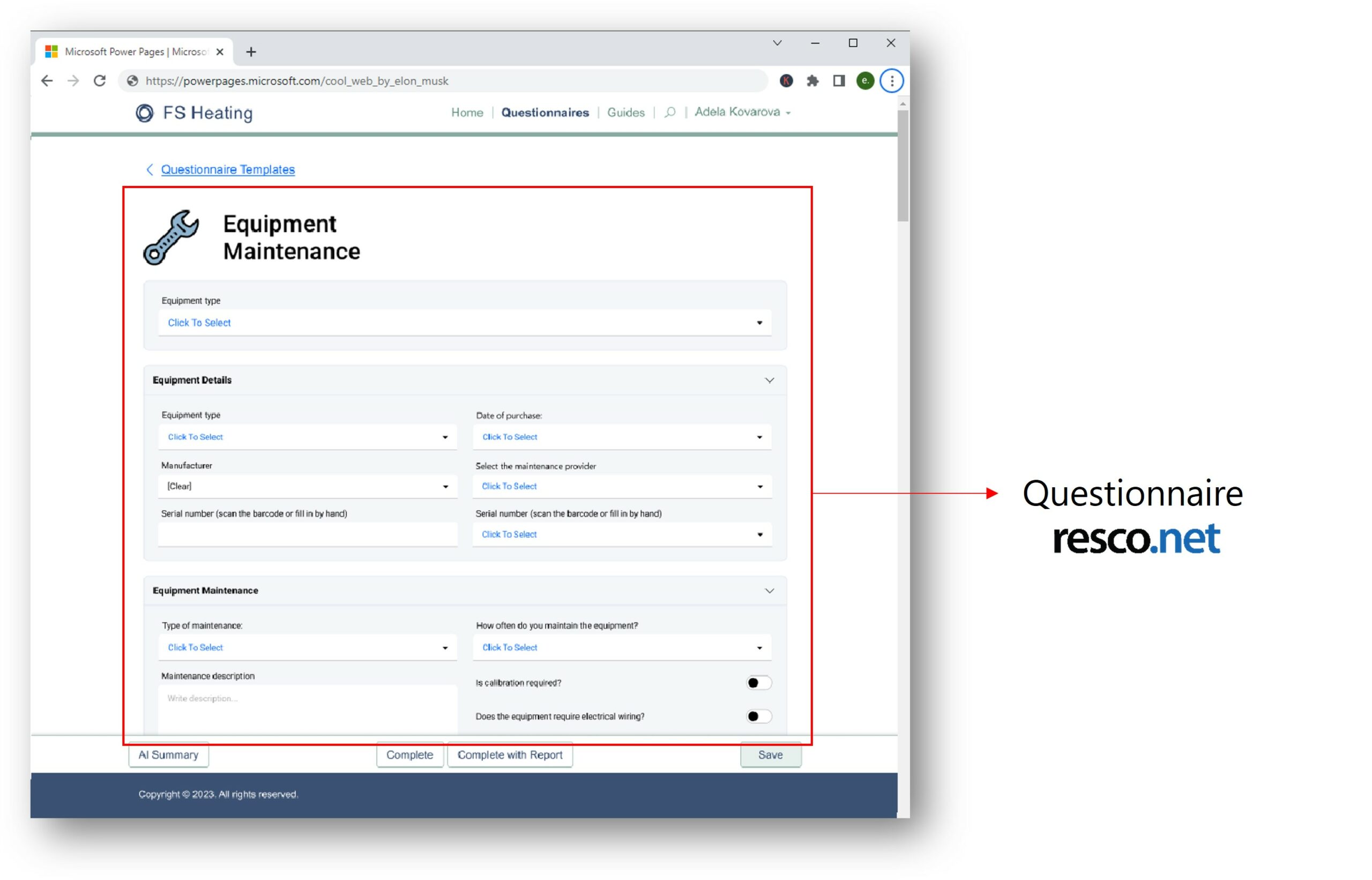 Questionnaire template - Equipment Maintenance in Microsoft Power Platform.