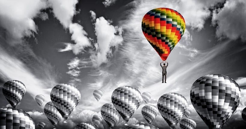 black white and colorful hot air baloons
