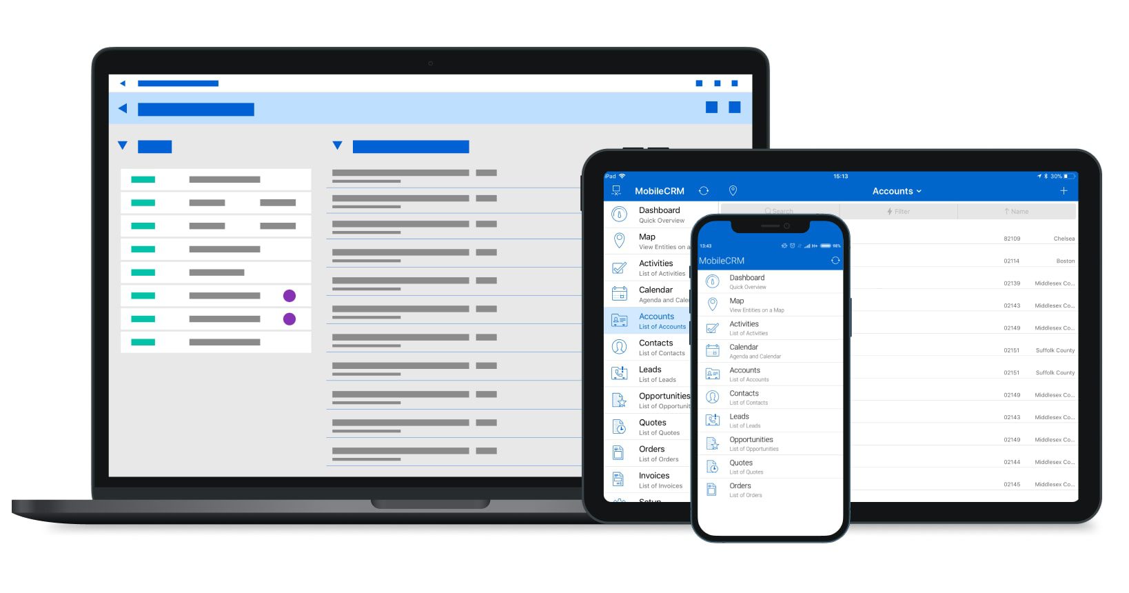 Customer relations management software (CRM) on a laptop, tablet, and phone